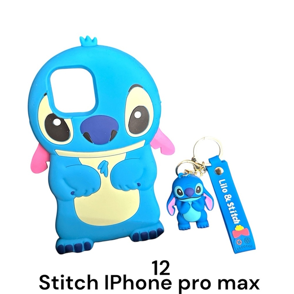 Blue and Pink 3D Stitch iPhone 12 Pro Max Case and bag charm/keychain